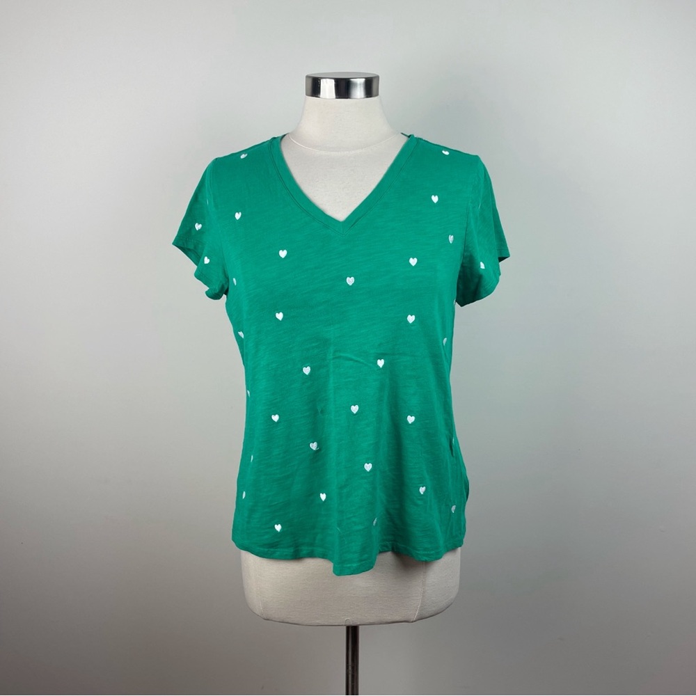 Cynthia Rowley Green White Hearts Short Sleeve Tee Shirt Top Women Large